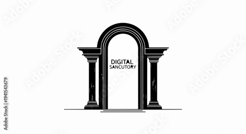 Ornate architectural archway with digital text creating a symbolic gateway