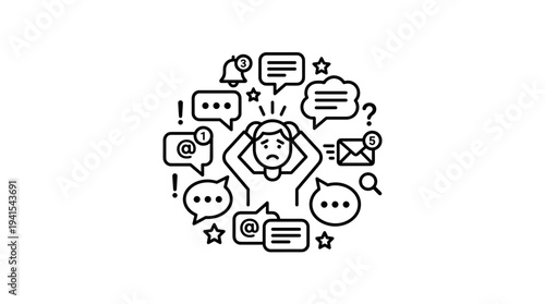 Person feeling overwhelmed by notifications and messages in outline style  