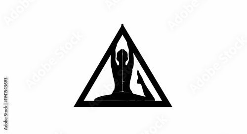 Silhouette of person in yoga pose within a triangular frame, symbolizing balance and wellness.