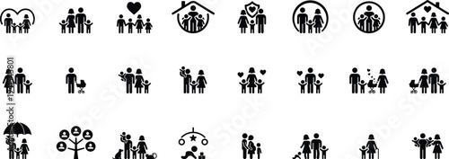 Comprehensive Family and Life Insurance Icon Set with Black Pictograms for Community and Healthcare Design