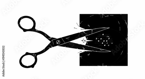 Sharp scissors cutting through dark material, creating sparks and debris.
