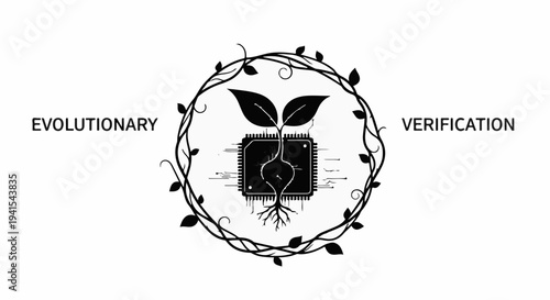 Digital innovation merges with nature's growth in a symbolic representation of technological evolution and validation.