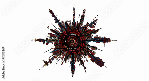 Abstract explosion of dark red and blue particles radiating from a central point