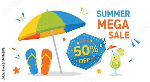 Vector summer sale icons set with umbrella, flip flops and cocktail