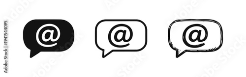 Email address symbol in speech bubble icon set. At sign communication and contact for online messaging and social media.