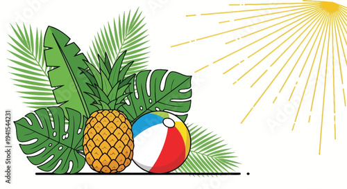 Tropical summer icons set with beach ball, pineapple and palm leaves vector