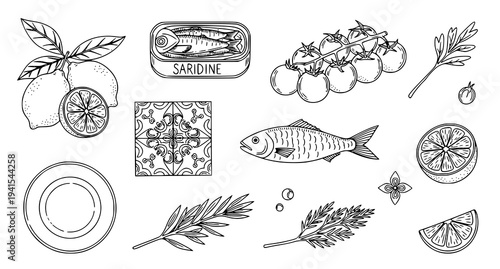 A black and white vector illustration of food and ingredients for cooking