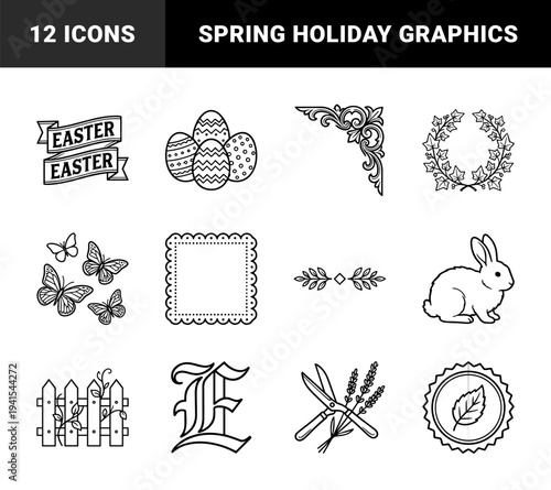 Easter spring festive ornaments and garden graphics. Black monoline line art featuring seasonal rabbit, decorated eggs, floral wreath, and picket fence.