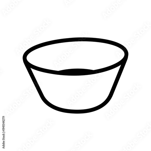 A minimalist line drawing of a bowl, depicted in solid black lines on a clean white background, conveying simplicity and emptiness.