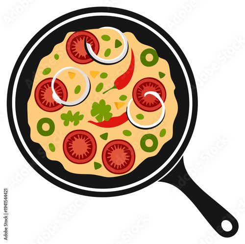Appetizing pizza in a skillet: Tomato, Onion, Pepper and Olive Toppings, Delicious Restaurant Cuisine