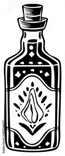 Decorative bottle with cork and ornate label in black and white illustration style