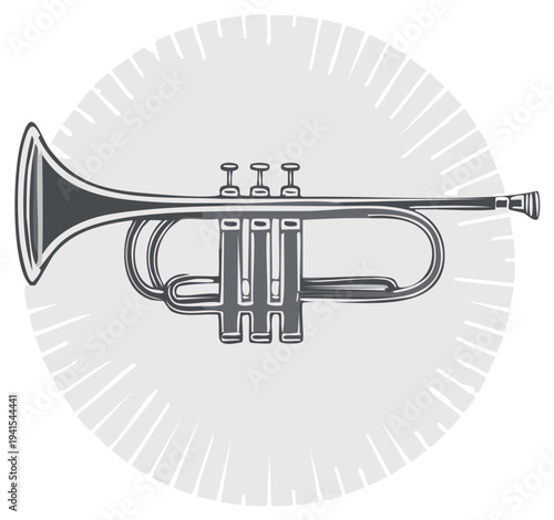 Graphic illustration of a silver trumpet with radiating lines inside a circle