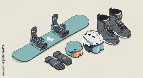 An isometric arrangement of snowboarding equipment including a board boots bindings helmet and gloves silhouette high quality professional detailed modern elegant