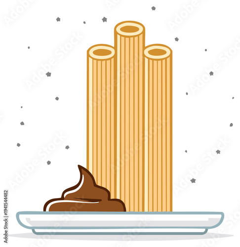 Crispy Wafer Rolls and Chocolate Cream Dessert on a Plate Vector Illustration
