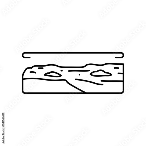 A simple black and white illustration of a slice of bread on a cutting board, perfect for use in recipes, food blogs, or culinary presentations.