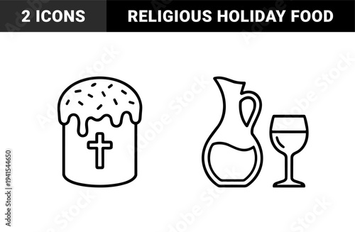 Easter celebratory bread and liturgical wine vessel with glass. Monoline religious symbols for Christian holiday greetings and church event branding.
