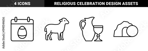 Easter religious symbols and spring holiday celebration elements. Minimalist monoline pictograms featuring sacrificial lamb, calendar, chalice, and empty tomb.