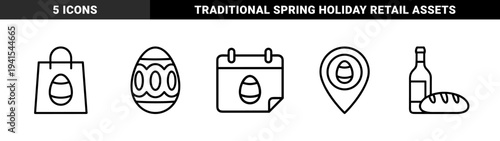 Easter holiday celebration and retail marketing elements. Minimalist monoline pictograms featuring decorated eggs, seasonal calendar, shopping bag, and traditional feast symbols.