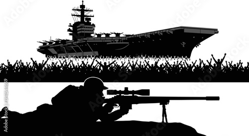 Sniper Aims at Aircraft Carrier Amidst Crowd Silhouette