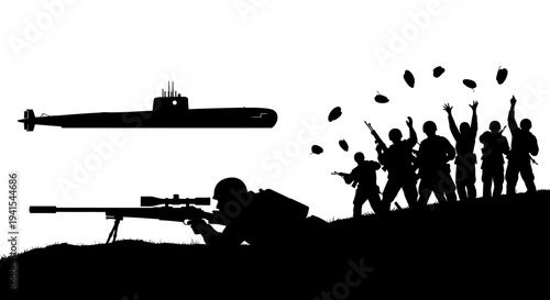 Sniper Aims Submarine Silhouette Military Operation Victory Celebration