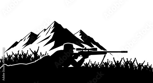 Sniper Silhouette in Mountains with Crowd Celebration