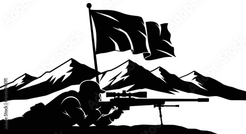 Sniper Silhouette with Flag and Mountains