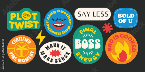 Trendy retro stickers, patchs, badges, labels collection. Funny quotes and phrases y2k groovy cartoon style.