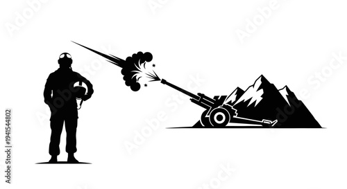 Soldier and Artillery Gun Firing in Mountains