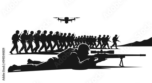 Sniper soldier with drone surveillance and marching army in silhouette