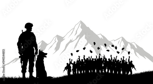 Soldier and Dog Silhouette with Crowd Celebrating Against Mountains