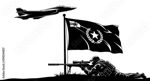 Sniper Soldier Aims Rifle Near Flag and Jet Fighter in Silhouette