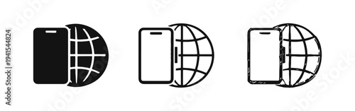 Smartphone with globe icon set. Mobile global communication, international network, and internet access for worldwide connectivity.