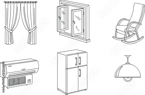 Home Interior Furniture and Appliance Line Icon Set Featuring Curtains, Window Frame, Rocking Chair, Air Conditioner, Cabinet, and Lamp