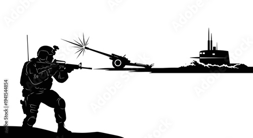 Soldier firing artillery at submarine, military operation, combat scene, strategic warfare, defense concept