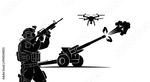 Soldier firing artillery gun with drone overhead, modern warfare concept