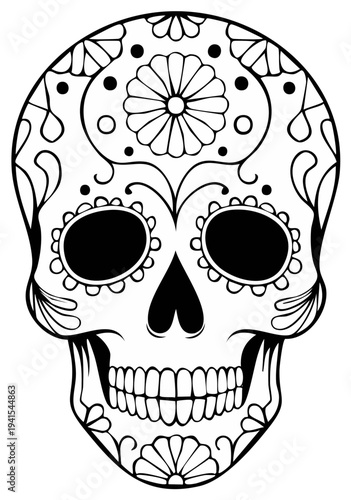 Intricate black and white sugar skull illustration with floral and dot details