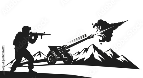 Soldier firing artillery cannon in mountains, silhouette, military action, warfare, explosion