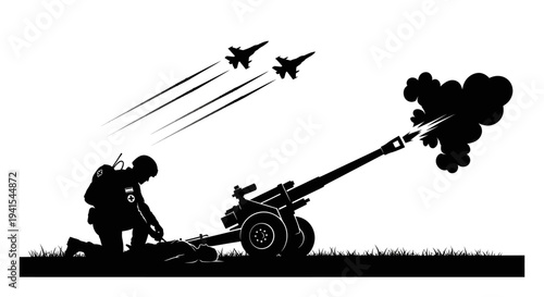 Soldier firing artillery gun with fighter jets flying overhead, military action silhouette