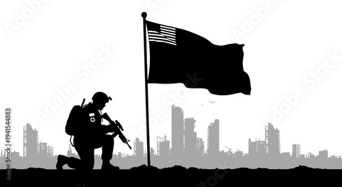 Soldier Kneeling by Flag in Ruined City Silhouette, War Aftermath