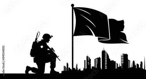 Soldier Kneeling Flag City Silhouette War Veteran Memorial Day Patriotism Urban Combat