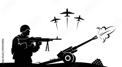 Soldier firing artillery with fighter jets flying overhead, military conflict illustration