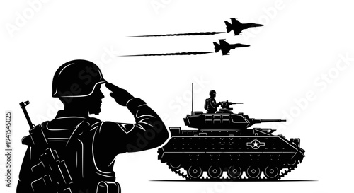 Soldier Saluting Military Tank and Fighter Jets Flying Overhead - Military Power and Patriotism