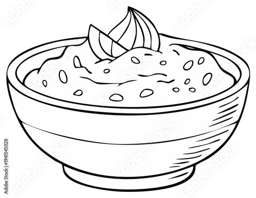 Hand-drawn illustration of a bowl filled with chunky dip garnished with fresh basil leaves and small edible particles.