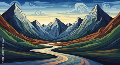 Majestic Mountain Range with River and Sky.