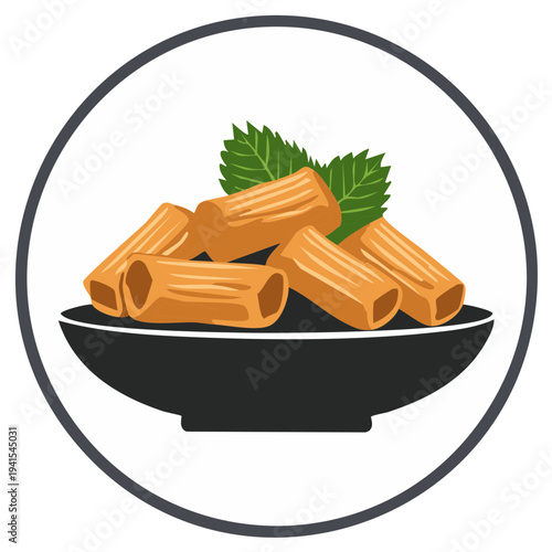 Rigatoni Pasta Dish in Bowl with Basil Leaves Inside Circle Frame, Italian Cuisine