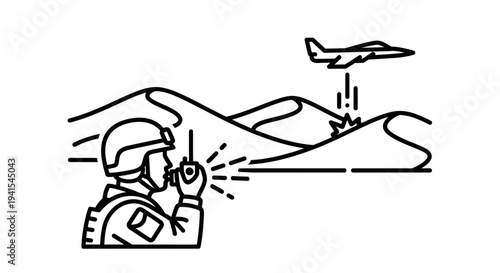 Soldier using radio for air support in desert combat with jet strike