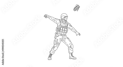 Soldier Throwing Grenade, Military Action, Combat Readiness, Warfare Illustration