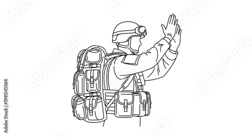 Soldier with backpack signaling with hands, military communication, tactical gear, outdoor scene