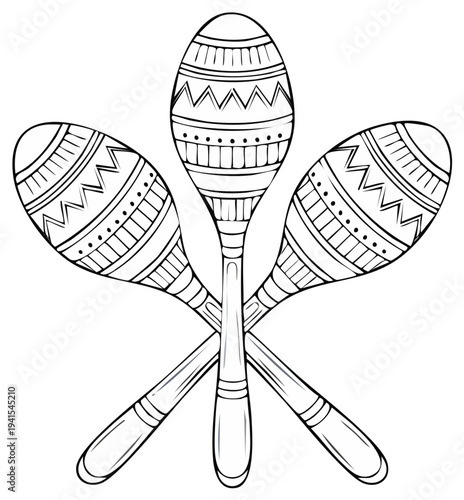 Three decorative hand-drawn maracas with folk art patterns crossed in a symmetrical arrangement symbolizing music and celebration