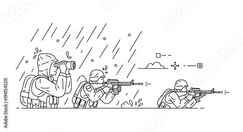 Soldiers in rain, aiming rifles, tactical operation, military action, surveillance